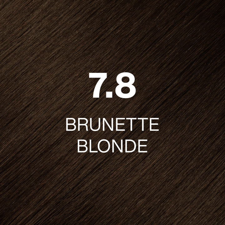 GK Hair Juvexin Cream Color 7.8 Brunette Blonde hair color swatch: dark chocolate-brown strands labeled in white