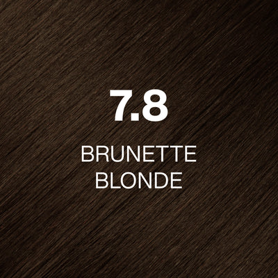 Silky hair texture showcasing the GK Hair's Juxevin Cream Color "7.8 Brunette Blonde" in bold white text.