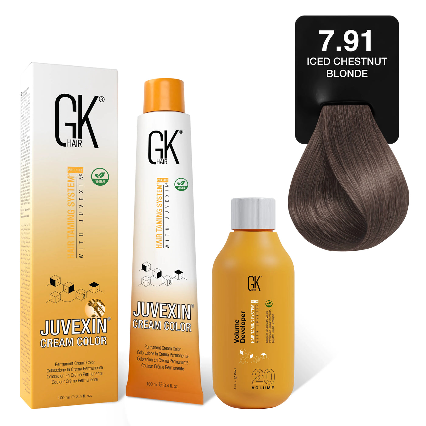 GK Hair's Juvexin 7.91 Iced Chestnut Blonde Cream Color product set including Volume Developer.