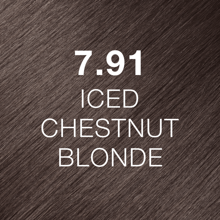 GK Hair Juvexin Cream Color 7.91 Iced Chestnut Blonde hair color swatch: cool taupe-gray strands labeled in white