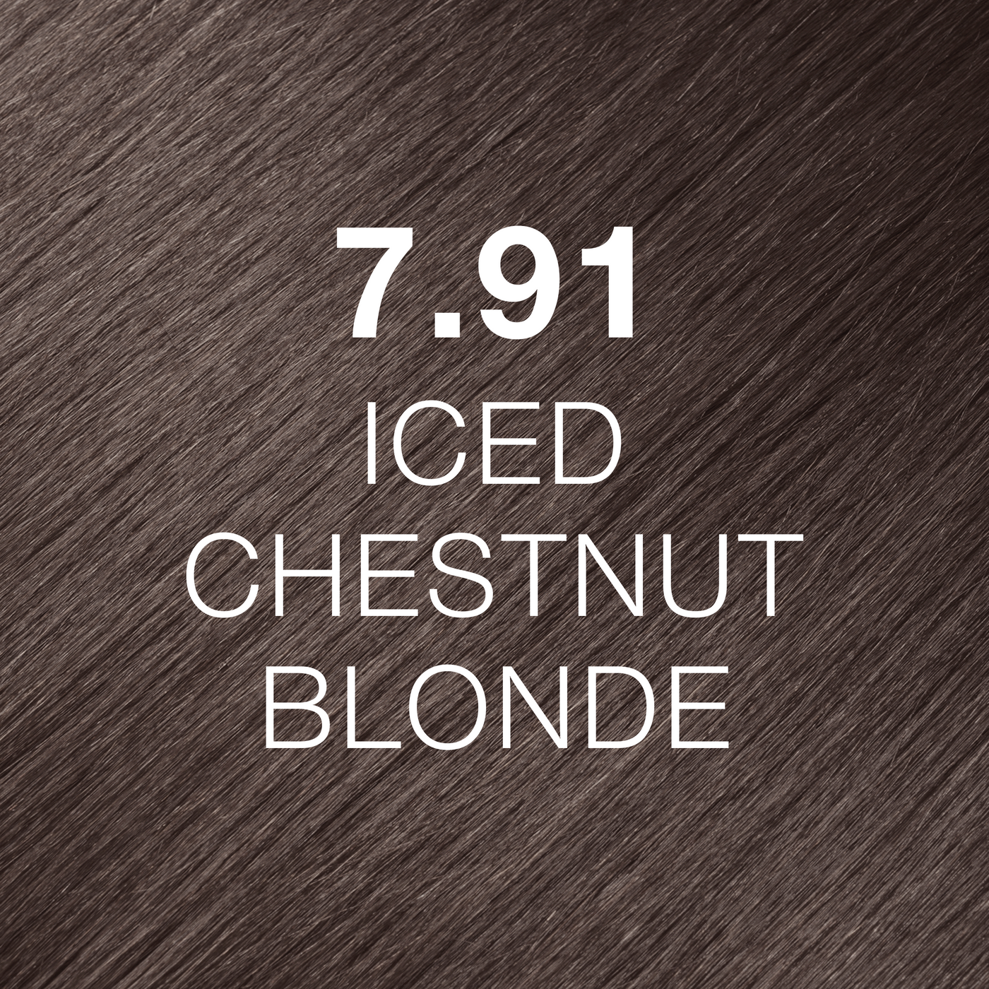 Silky hair texture showcasing the GK Hair's Juxevin Cream Color "7.91 Iced Chestnut Blonde" in bold white text.