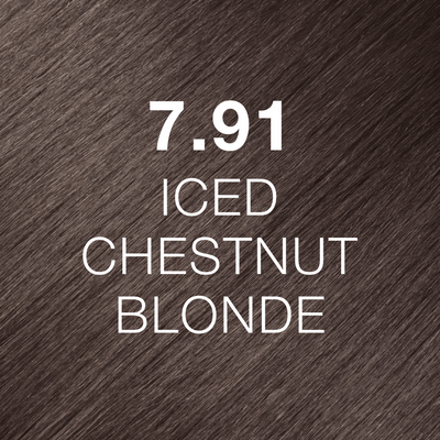 Silky hair texture showcasing the GK Hair's Juxevin Cream Color "7.91 Iced Chestnut Blonde" in bold white text.