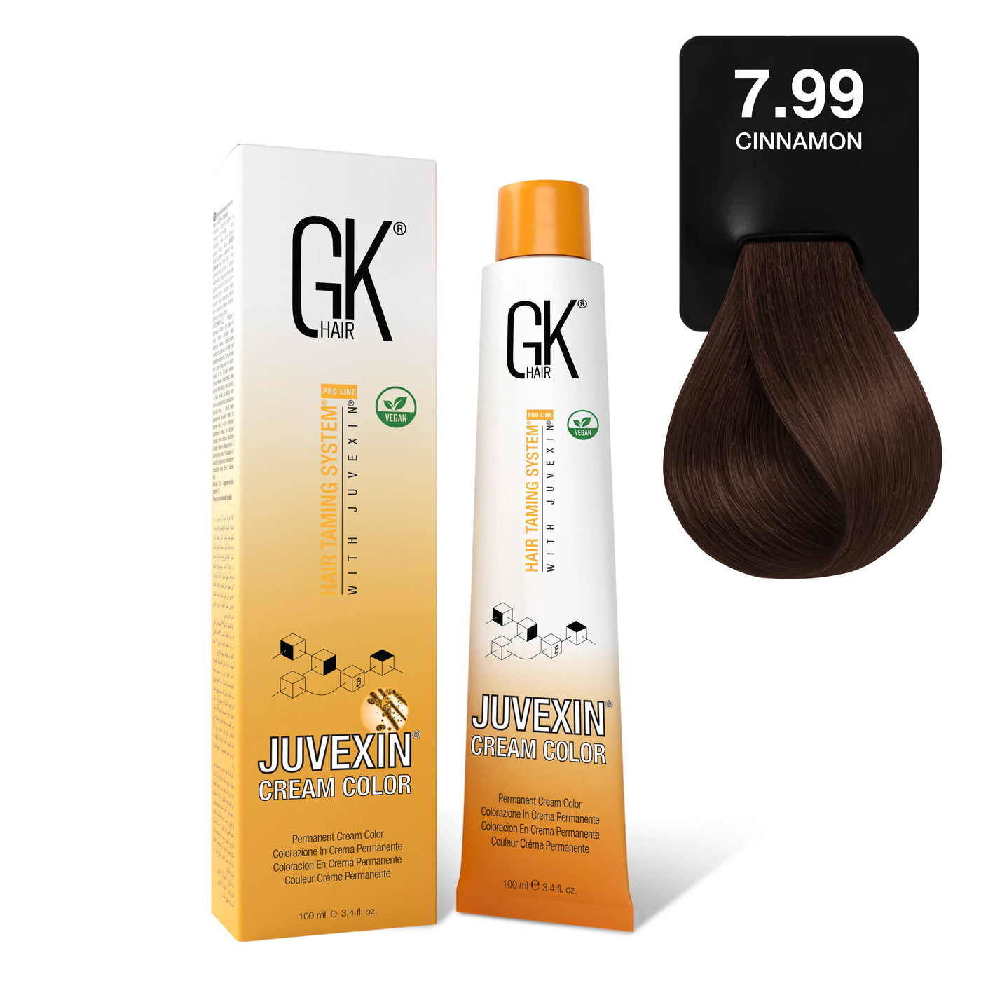 GK Hair's Juvexin 7.99 Cinnamon Cream Color product set.