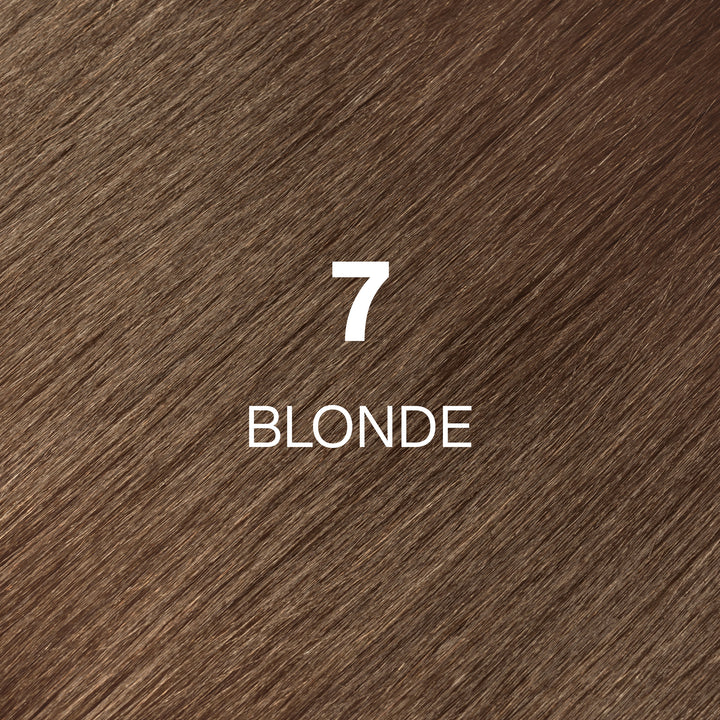 GK Hair Juvexin Cream Color swatch 7 Blonde, medium warm golden-brown hair texture with the shade name in white