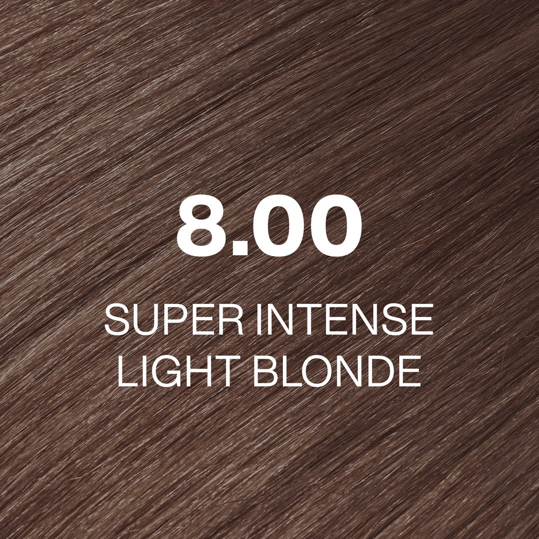 GK Hair Juvexin Cream Color 8.00 Super Intense Light Blonde hair color swatch: warm taupe-brown strands, white text