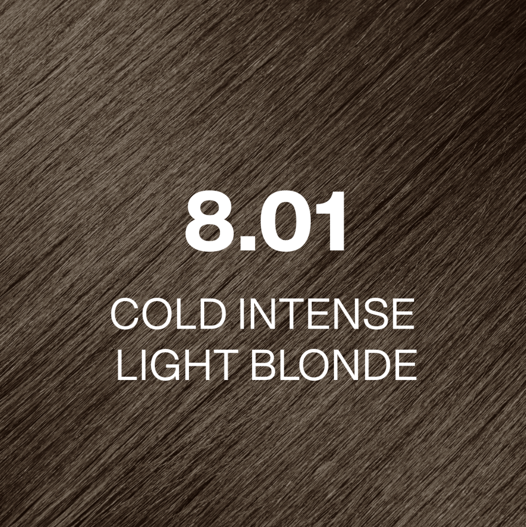 Text '8.01 Cold Intense Light Blonde' on a brown hair color swatch.