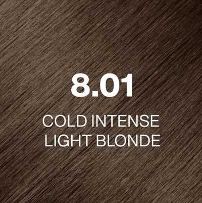 Text '8.01 Cold Intense Light Blonde' on a brown hair color swatch.