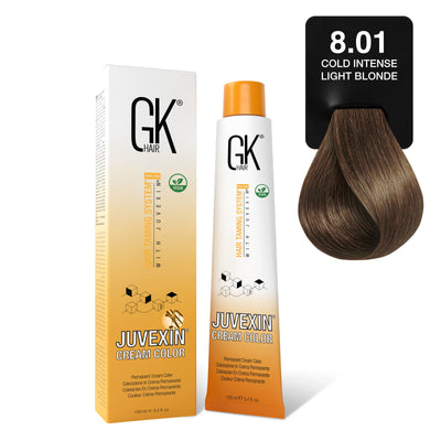 GK Hair's Juvexin 8.01 Cold Intense Light Blonde Cream Color product set.