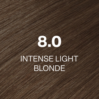 Silky hair texture showcasing the GK Hair's Juxevin Cream Color "8.0 Intense Blonde" in bold white text.