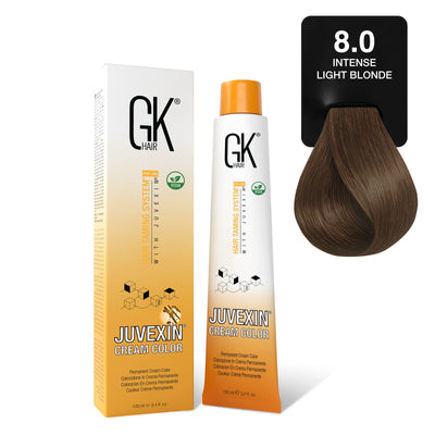 GK Hair's Juvexin 8.0 Intense Light Blonde Cream Color product set.