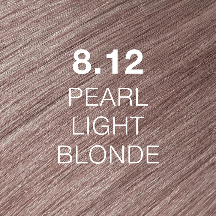 GK Hair Juvexin Cream Color 8.12 Pearl Light Blonde hair color swatch: pale lilac-pink pearl strands, white text
