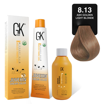 GK Hair's Juvexin 8.13 Ash Golden Light Blonde Cream Color product set including Volume Developer.