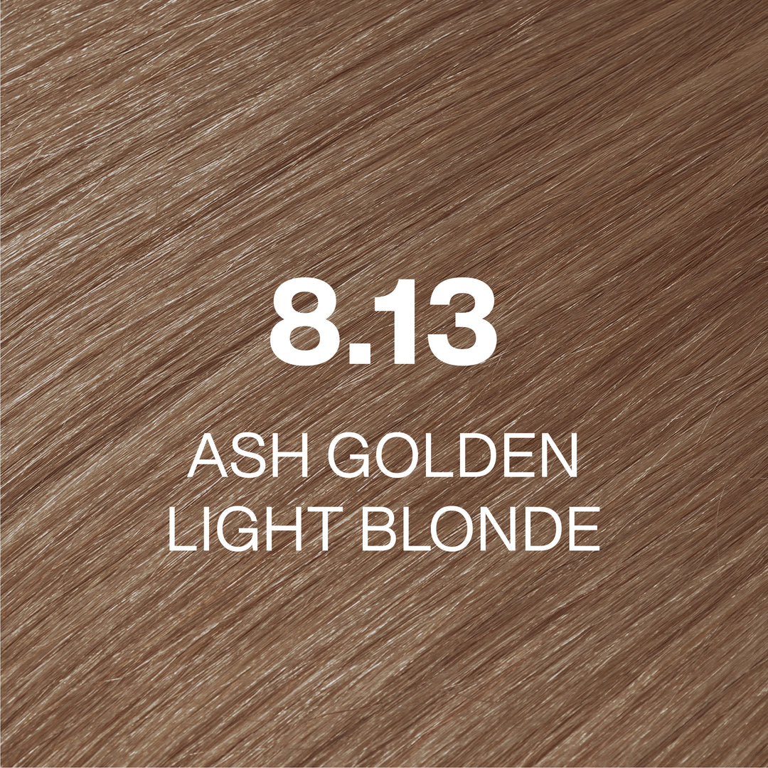 GK Hair Juvexin Cream Color 8.13 Ash Golden Light Blonde hair color swatch: soft warm beige strands, white text