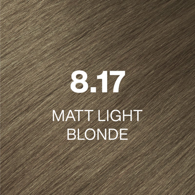 Silky hair texture showcasing the GK Hair's Juxevin Cream Color "8.17 Matt Light Blonde" in bold white text.