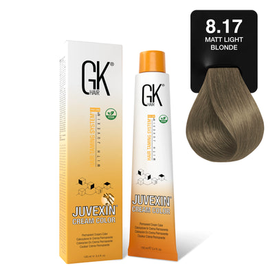 GK Hair's Juvexin 8.17 Matt Light Blonde Cream Color product set.