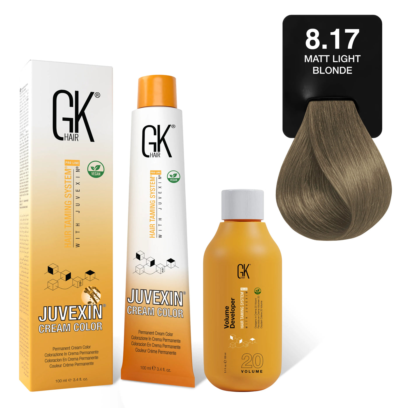 GK Hair's Juvexin 8.17 Matt Light Blonde Cream Color product set including Volume Developer.