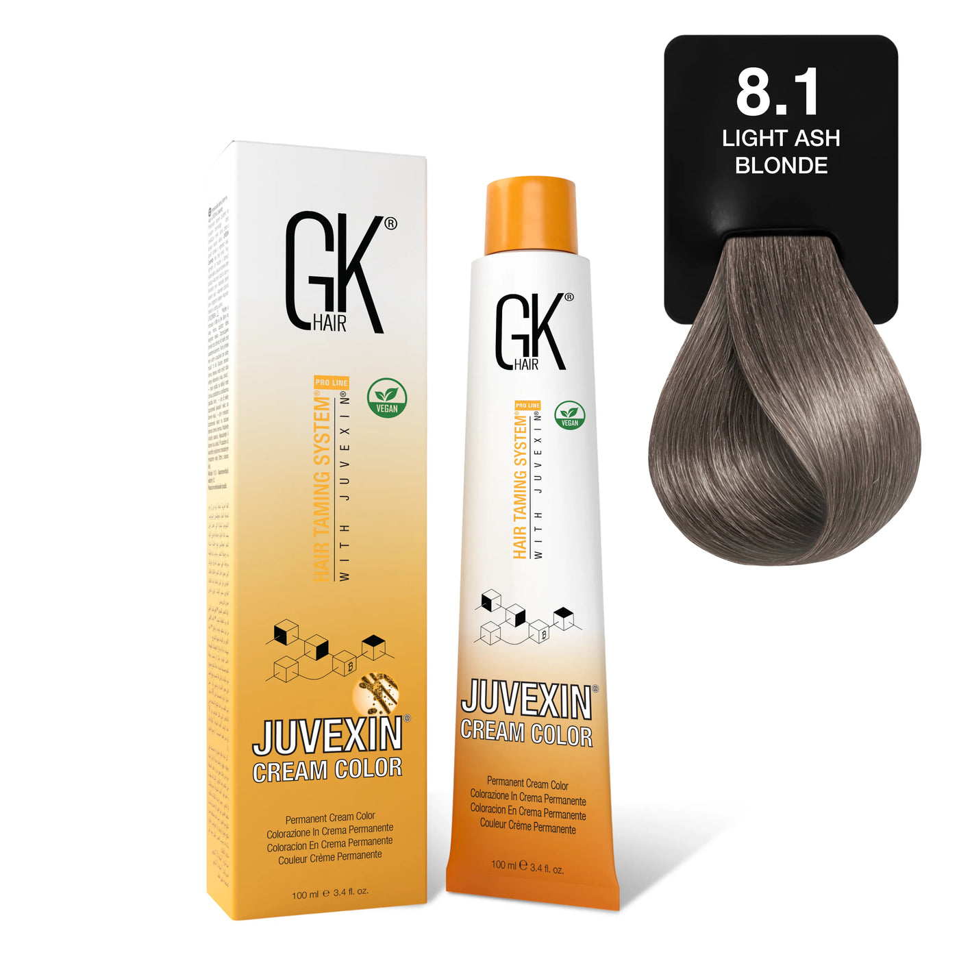 GK Hair's Juvexin 8.1 Light Ash Blonde Cream Color product set.