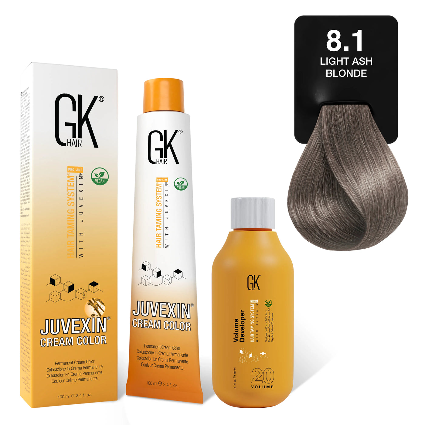 GK Hair's Juvexin 8.1 Light Ash Blonde Cream Color product set including Volume Developer.