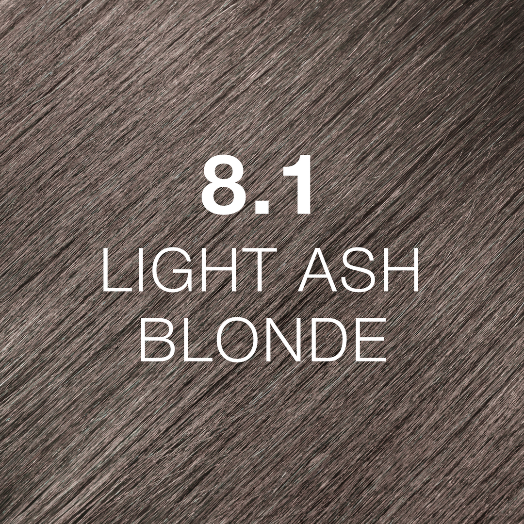 GK Hair Juvexin Cream Color 8.1 Light Ash Blonde hair color swatch, cool gray ash-blonde hair texture with the shade name in white