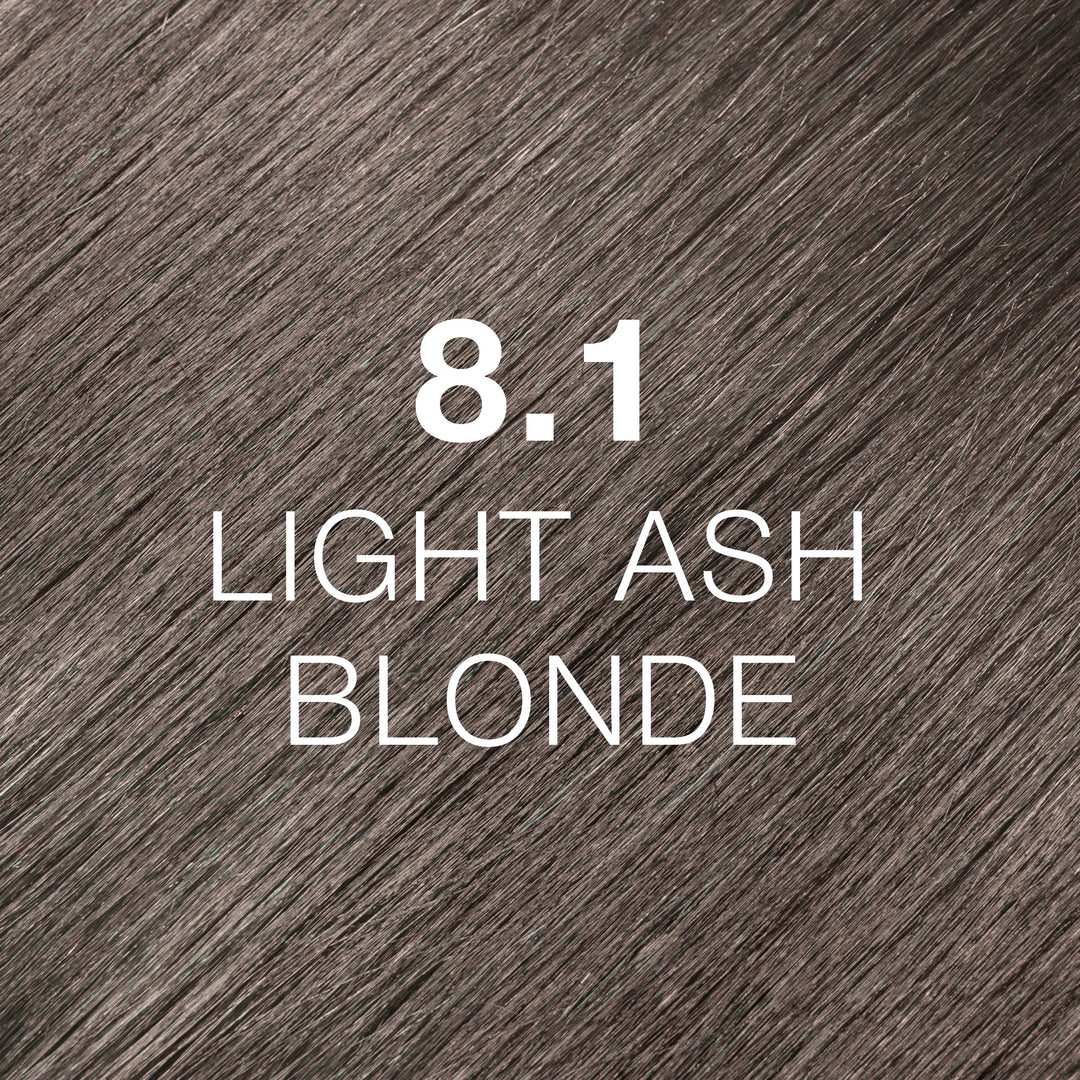 GK Hair Juvexin Cream Color 8.1 Light Ash Blonde hair color swatch: cool silvery gray strands labeled in white