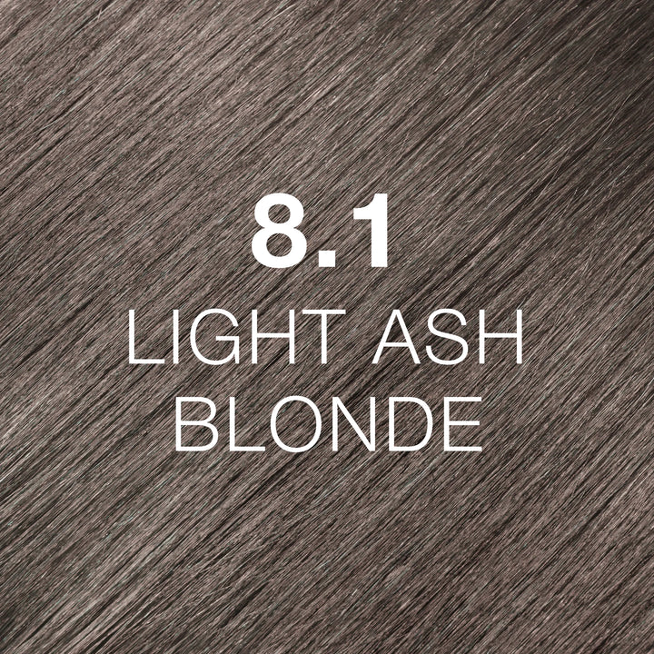 GK Hair Juvexin Cream Color 8.1 Light Ash Blonde hair color swatch: cool silvery gray strands labeled in white