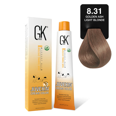 GK Hair's Juvexin 8.31 Golden Ash Light Blonde Cream Color product set.