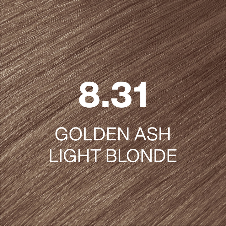 GK Hair Juvexin Cream Color 8.31 Golden Ash Light Blonde swatch: mushroom-beige strands with a mauve cast, white text