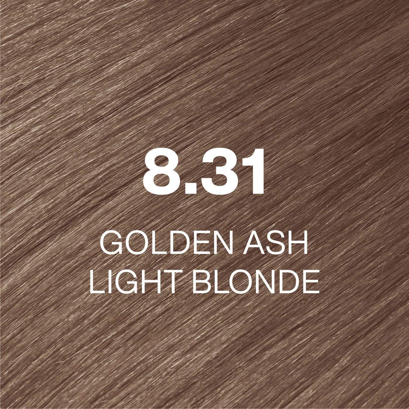 Silky hair texture showcasing the GK Hair's Juxevin Cream Color "8.31 Golden Ash Light Blonde" in bold white text.