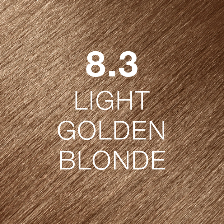 GK Hair Juvexin Cream Color 8.3 Light Golden Blonde hair color swatch: warm honey-gold strands labeled in white