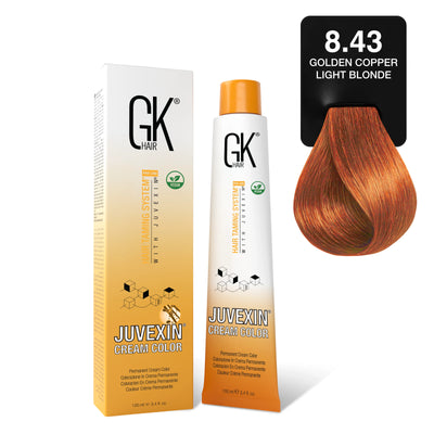 GK Hair's Juvexin 8.43 Golden Copper Light Blonde Cream Color product set
