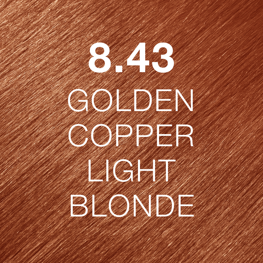GK Hair Juvexin Cream Color 8.43 Golden Copper Light Blonde hair color swatch: vivid copper-orange strands, white text