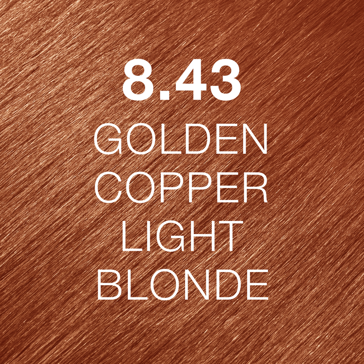 GK Hair Juvexin Cream Color 8.43 Golden Copper Light Blonde hair color swatch: vivid copper-orange strands, white text