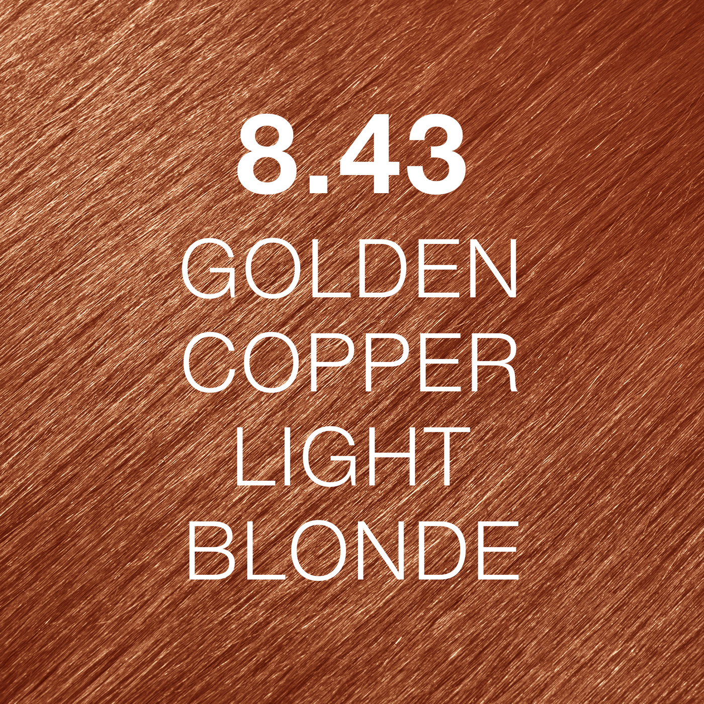 Silky hair texture showcasing the GK Hair's Juxevin Cream Color "8.43 Golden Copper Light Blonde" in bold white text.