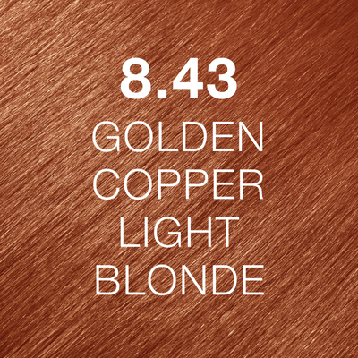 Silky hair texture showcasing the GK Hair's Juxevin Cream Color "8.43 Golden Copper Light Blonde" in bold white text.