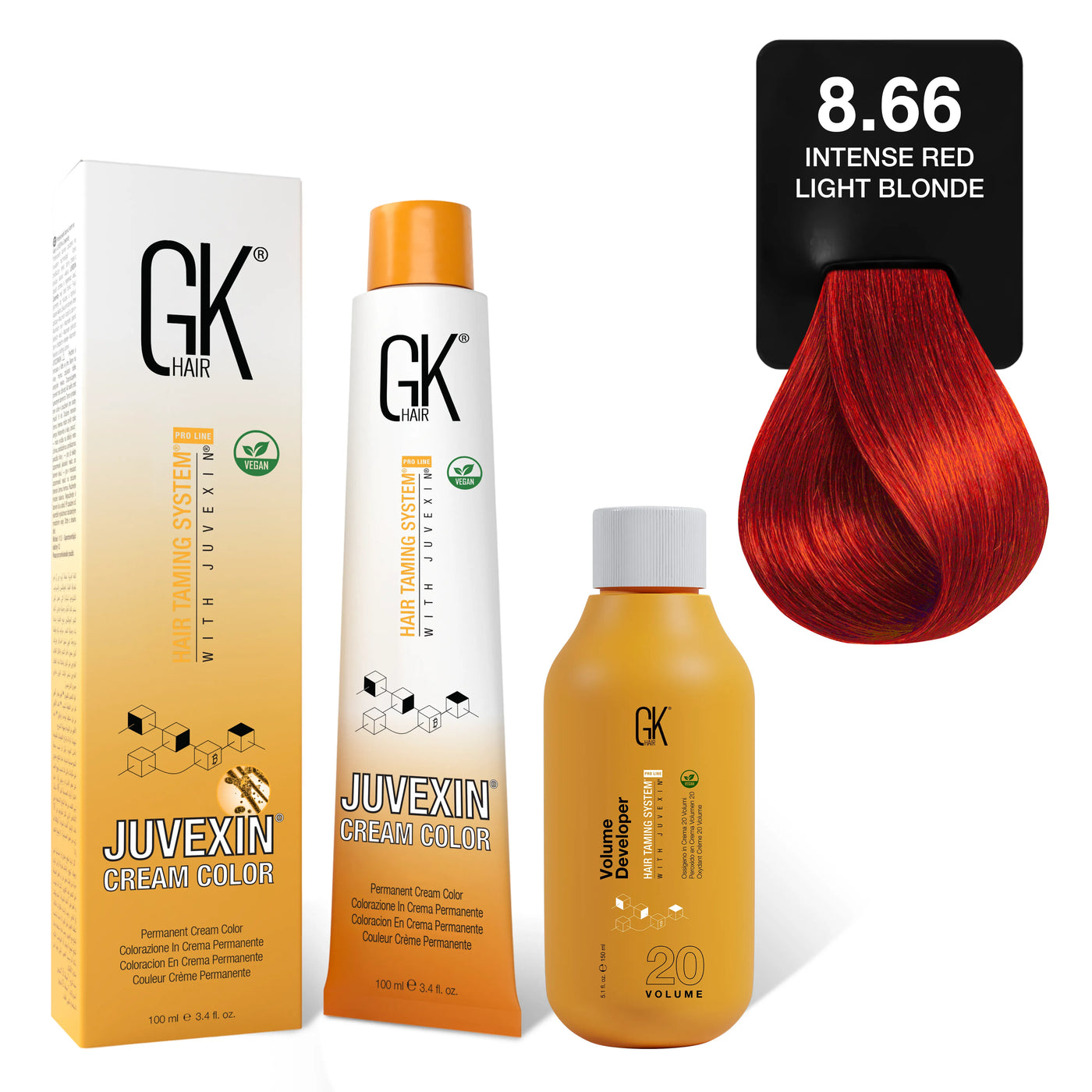 GK Hair's Juvexin 8.66 Intense Red Light Blonde Cream Color product set including Volume Developer.