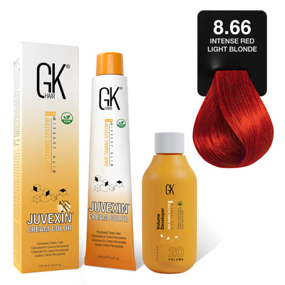 GK Hair's Juvexin 8.66 Intense Red Light Blonde Cream Color product set including Volume Developer.