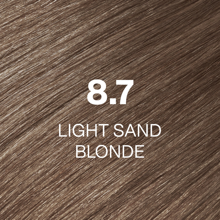 GK Hair Juvexin Cream Color 8.7 Light Sand Blonde: cool beige-taupe blonde hair swatch, shade name in white text