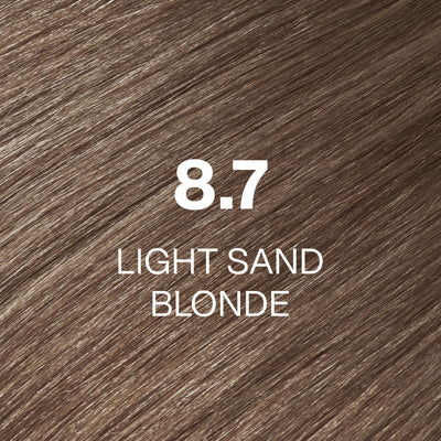Silky hair texture showcasing the GK Hair's Juxevin Cream Color "8.7 Light Sand Blonde" in bold white text.