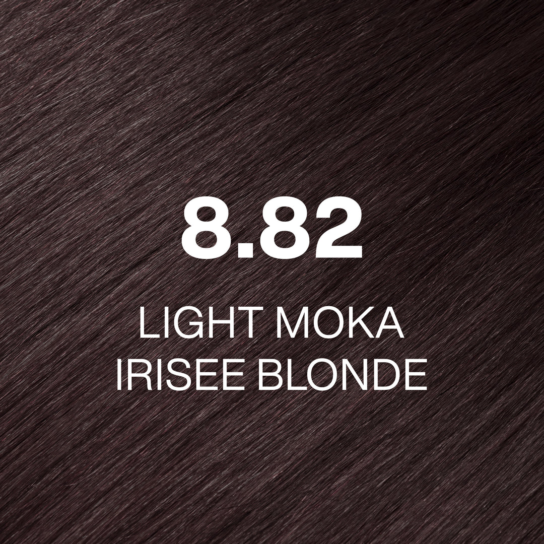 GK Hair Juvexin Cream Color 8.82 Light Moka Irisee Blonde: deep cool cocoa-brown hair swatch, name in white text