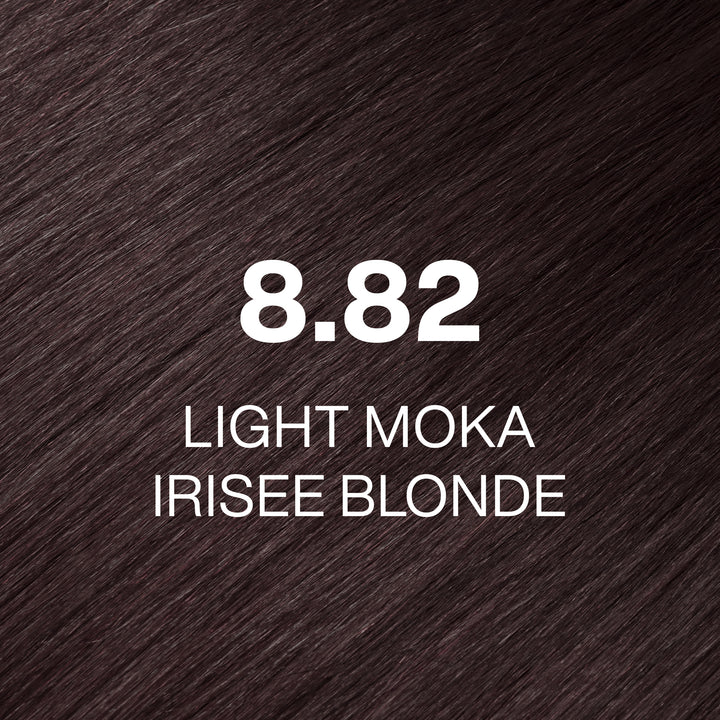 GK Hair Juvexin Cream Color 8.82 Light Moka Irisee Blonde: deep cool cocoa-brown hair swatch, name in white text