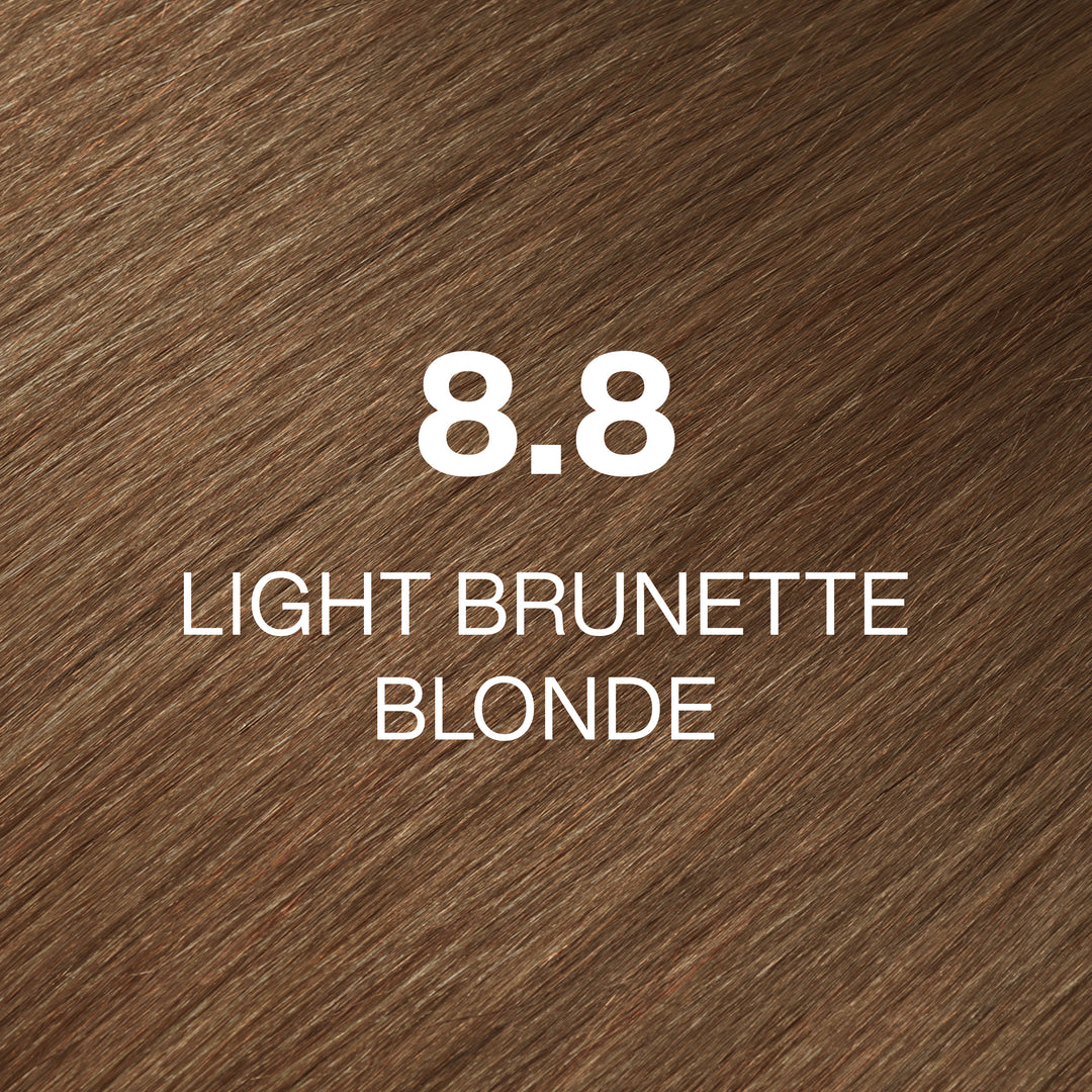 GK Hair Juvexin Cream Color 8.8 Light Brunette Blonde: warm golden-brown hair swatch, shade name in white text