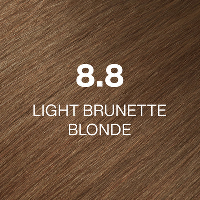 Silky hair texture showcasing the GK Hair's Juxevin Cream Color "8.8 Super Intense Brown" in bold white text.