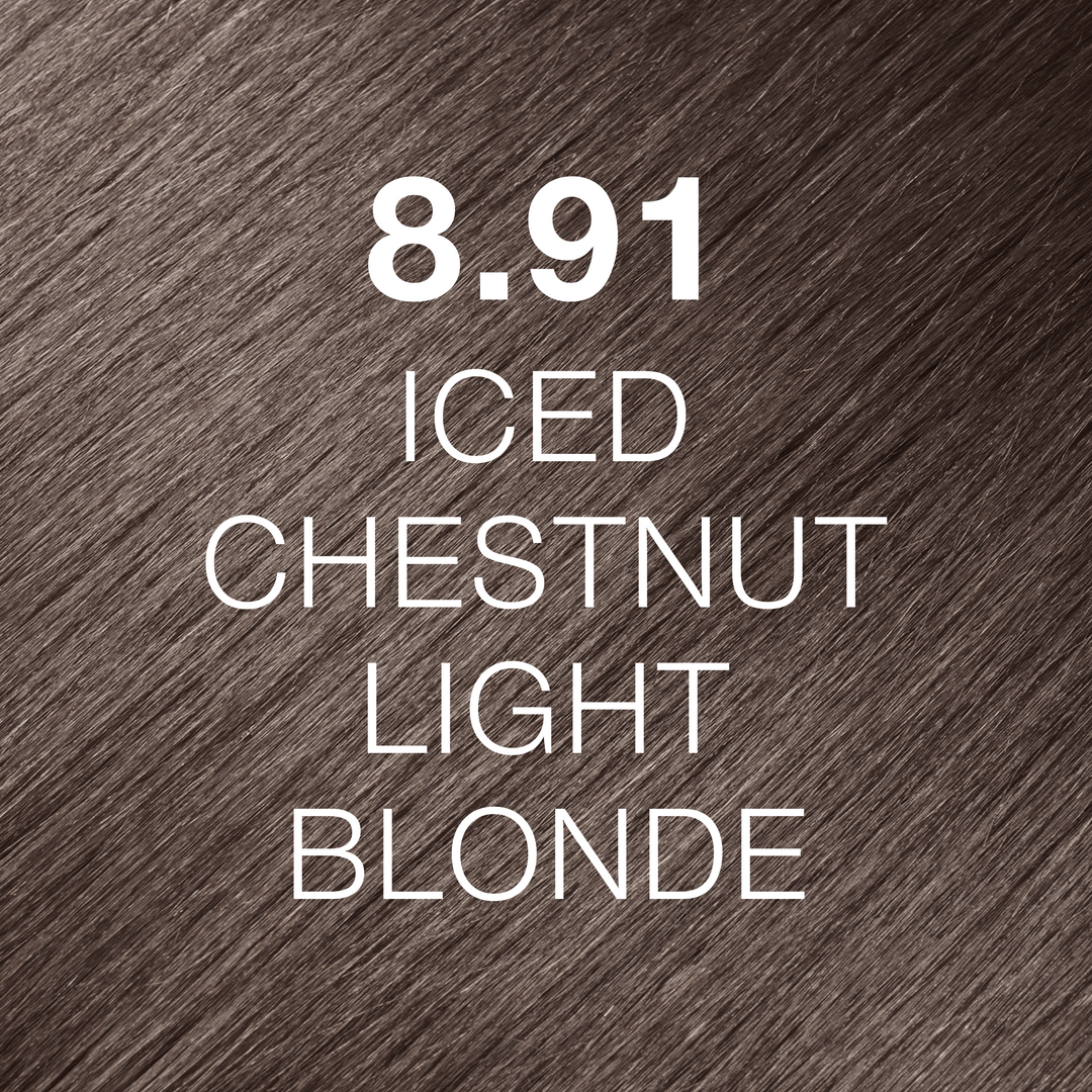 GK Hair Juvexin Cream Color 8.91 Iced Chestnut Light Blonde swatch: cool ashy light brown hair, name in white text