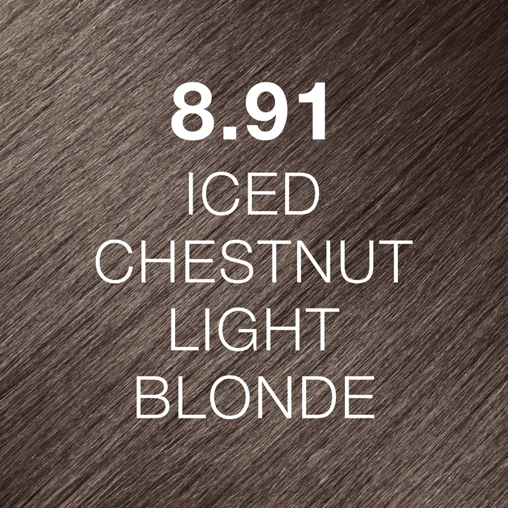GK Hair Juvexin Cream Color 8.91 Iced Chestnut Light Blonde swatch: cool ashy light brown hair, name in white text