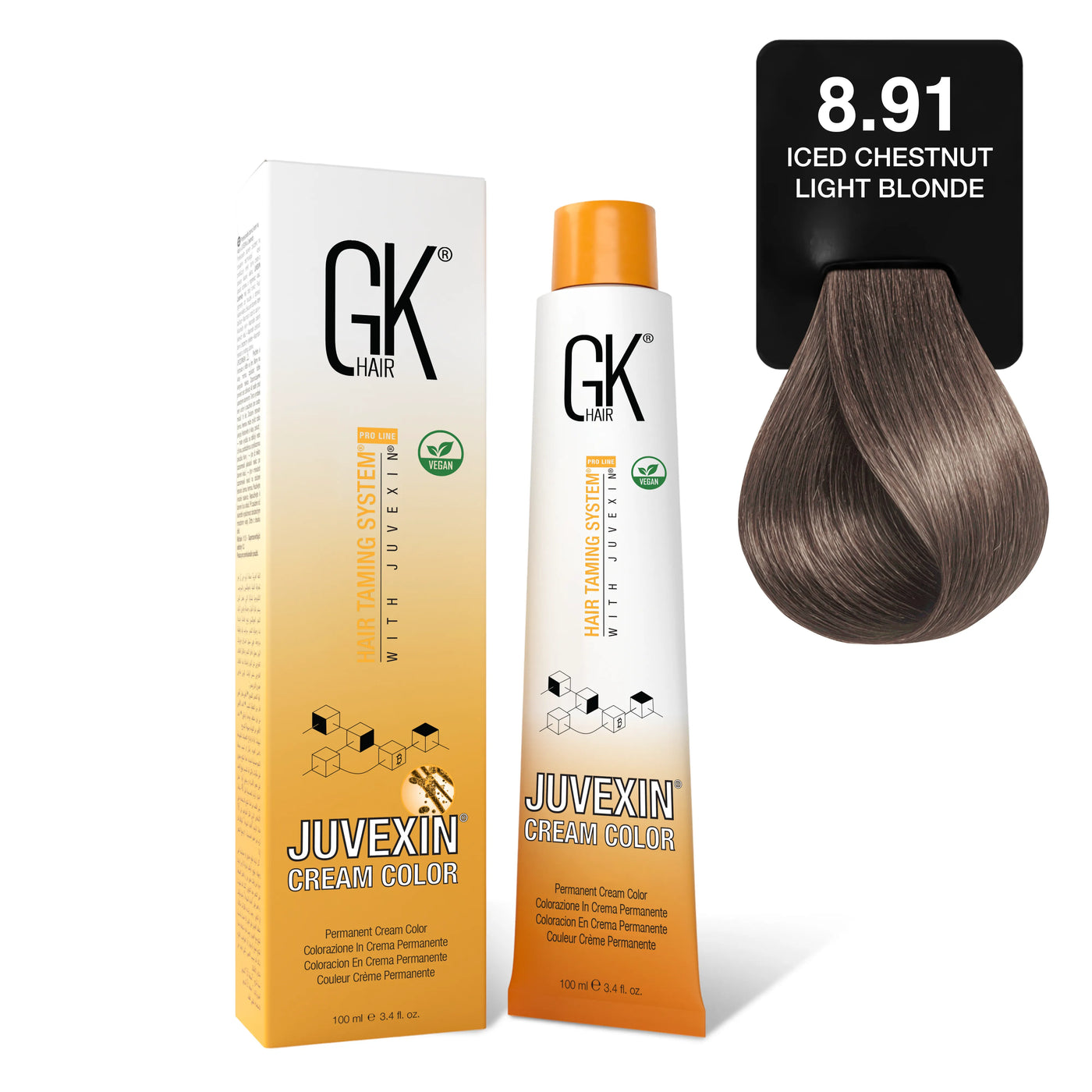 GK Hair's Juvexin 8.91 Iced Chestnut Light Blonde Cream Color product set.
