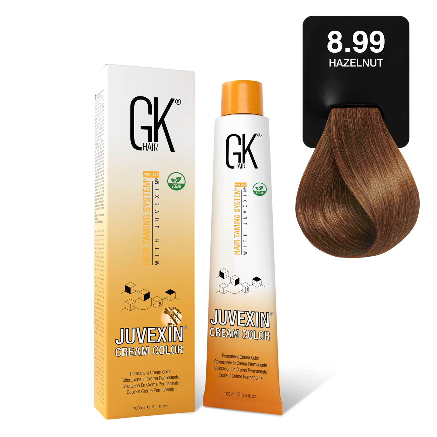 GK Hair's Juvexin 8.99 Hazelnut Cream Color product set.