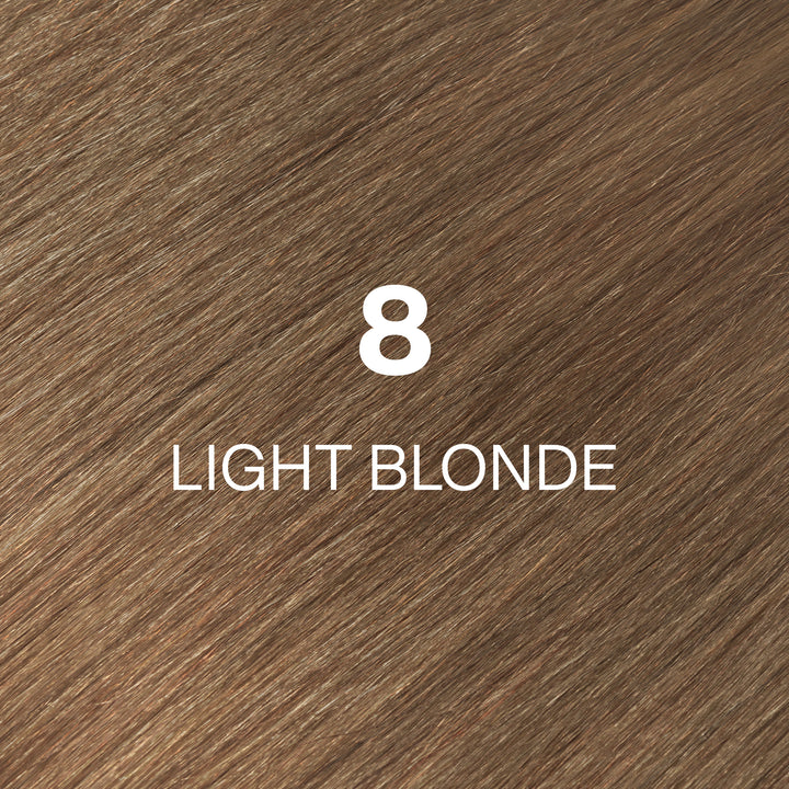 GK Hair Juvexin Cream Color 8 Light Blonde hair color swatch: warm golden-beige strands, code and name in white
