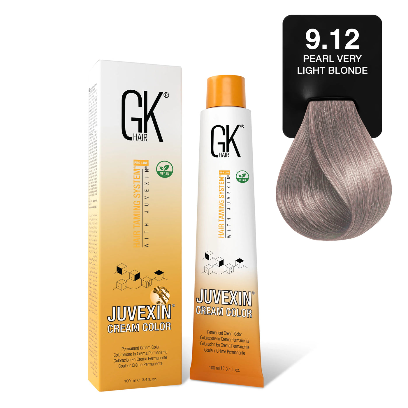 GK Hair's Juvexin 9.12 Pearl Very Light Blonde Cream Color product set.