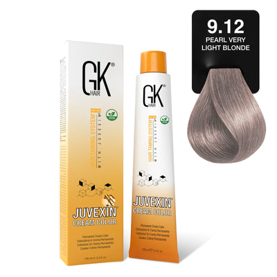 GK Hair's Juvexin 9.12 Pearl Very Light Blonde Cream Color product set.
