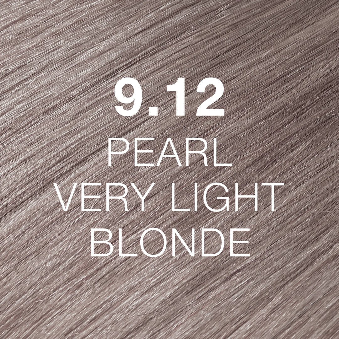 GK Hair Juvexin Cream Color 9.12 Pearl Very Light Blonde: silvery pearl-blonde hair, shade name in white text